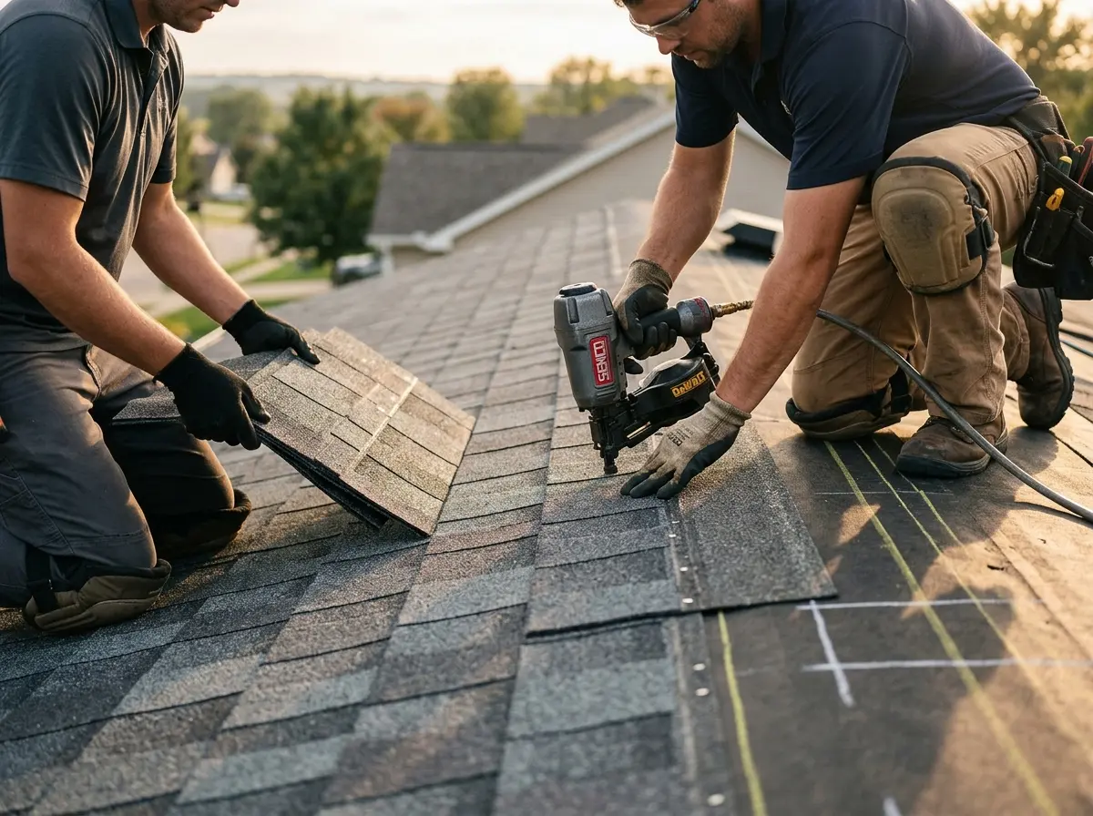 Professional roofer working on a residential roof in Little Rock